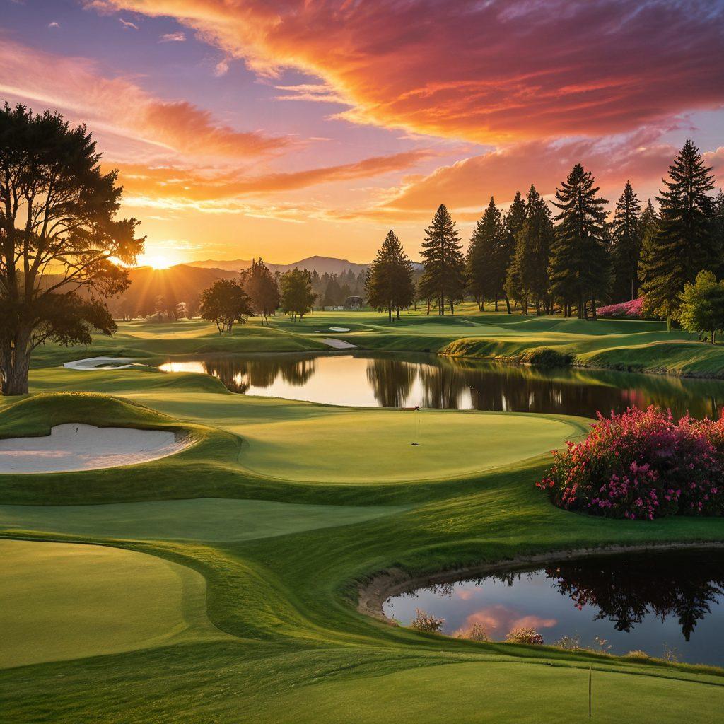 A serene view of a lush green golf course at Overlake Golf Club, featuring perfectly manicured lawns, a glowing sunset casting warm hues over the landscape, a golfer in mid-swing, and picturesque rolling hills in the background. Include iconic golf elements like flags, a shiny golf cart, and a tranquil pond reflecting the sky. super-realistic. vibrant colors. atmospheric lighting.