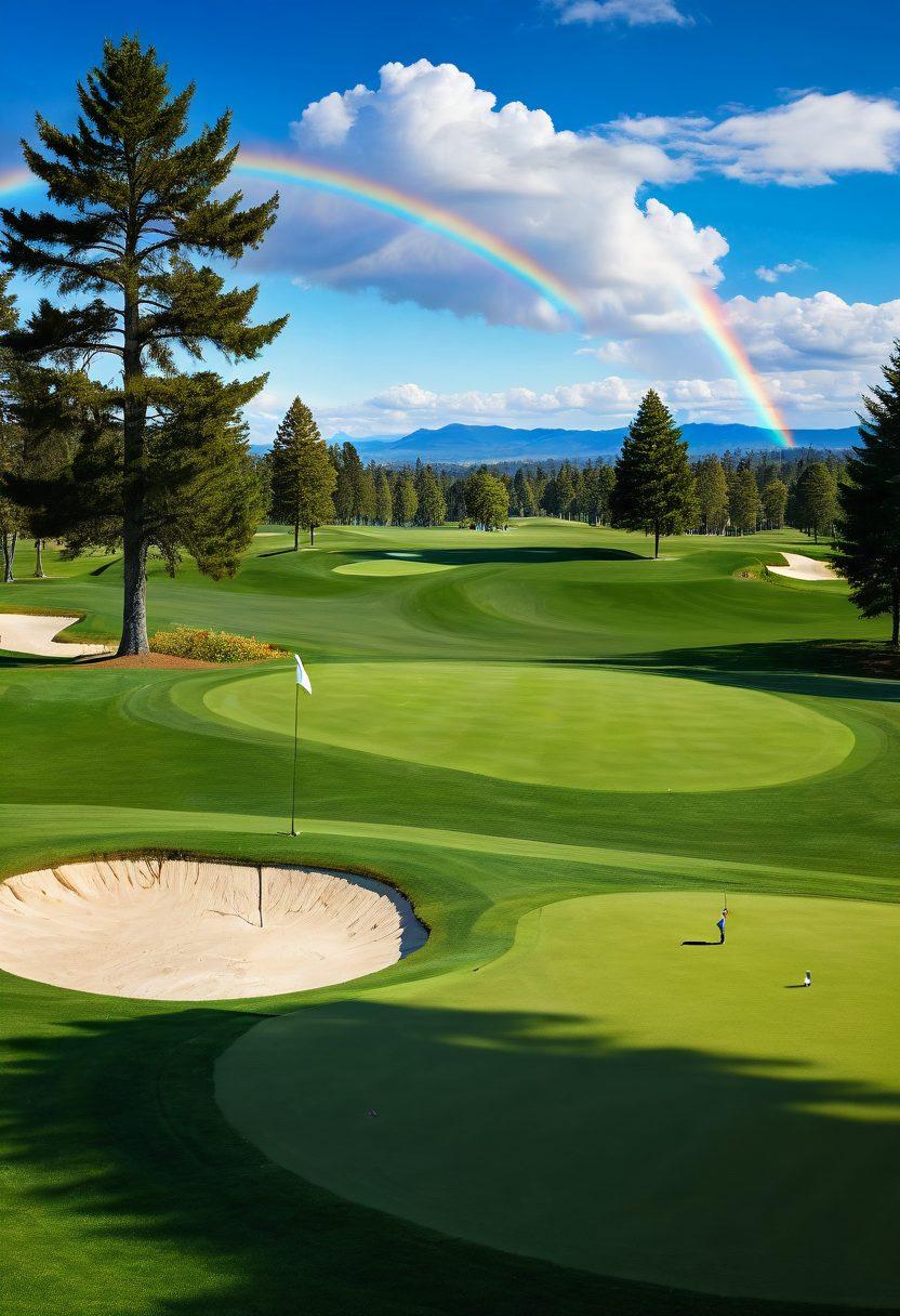 A picturesque view of Overlake Golf Course showcasing a vibrant green fairway and a golfer in mid-swing, capturing the essence of a perfect golf lesson. In the background, include a serene landscape with gentle hills and a clear blue sky, while small groups of golfers practice in designated areas. Enhance the scene with a rainbow-colored arc symbolizing mastery and growth in golfing skills. super-realistic. vibrant colors. sunny day.