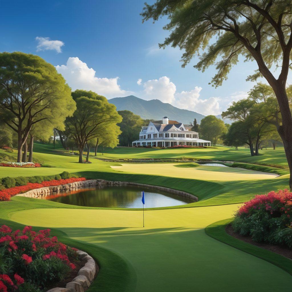 A luxurious golf course with immaculate greens, featuring stylish golfers in elegant attire enjoying their game. In the background, showcase a state-of-the-art clubhouse with stunning architecture, hosting vibrant outdoor events. Include colorful flags fluttering and guests mingling, capturing the essence of sophistication and leisure. Bright blue skies and lush trees frame the scene. super-realistic. vibrant colors.
